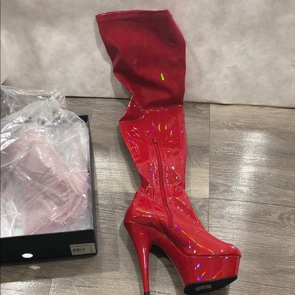 Pleaser Delight 3000 Hologram Red Patent Leather Thigh Over- Knee-High Boots New - Picture 1 of 11